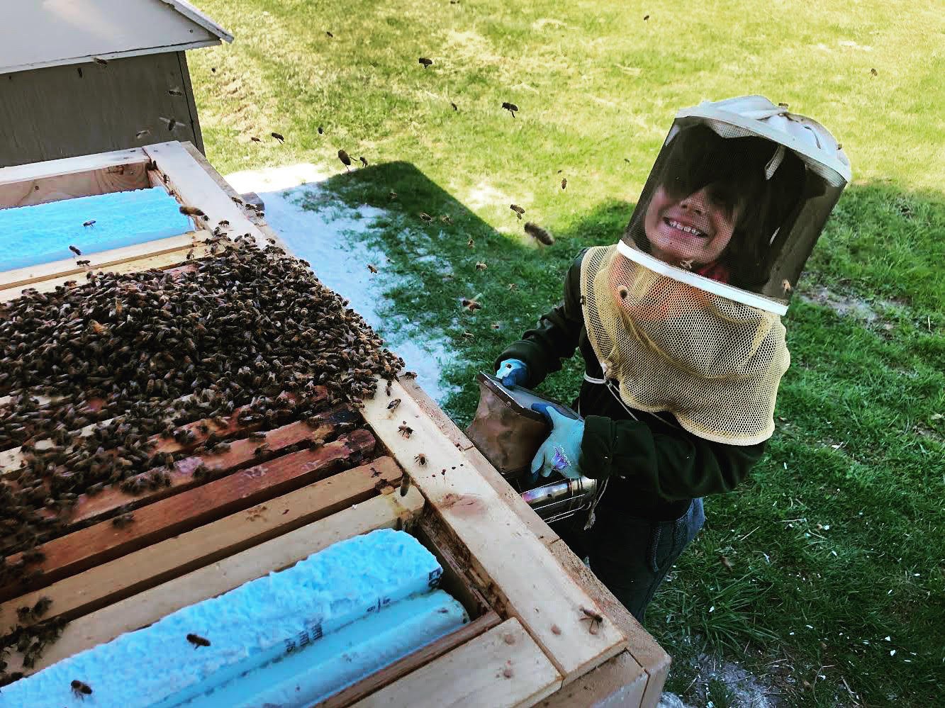 Gabo with bees — a kid engaged in hands-on community learning
